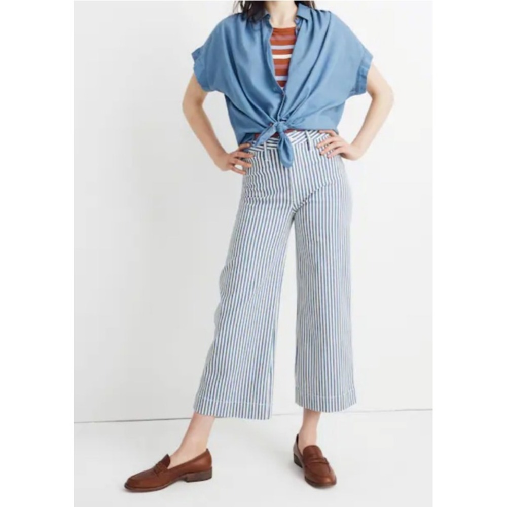 Madewell Womens 28 Emmett Wide Leg Crop Jeans High Rise Striped Blue & White